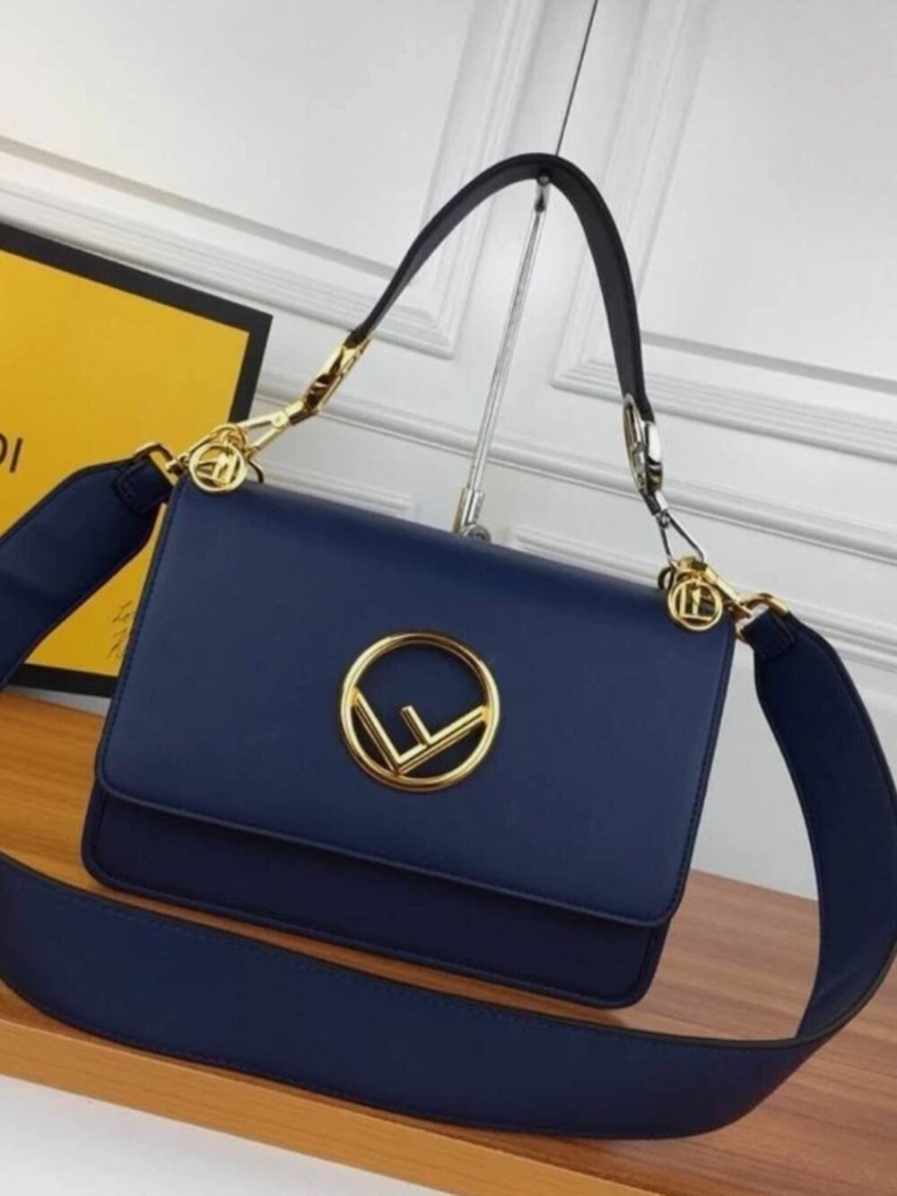 FENDI Kan I F 2 Way Shoulder Bag Calfskin Leather Navy Blue